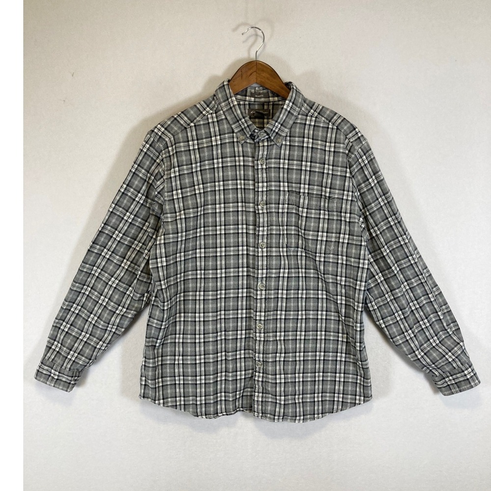 Outdoor Heritage Eddie Bauer Mens Large Grey Plaid Relaxed Fit Flannel Shirt